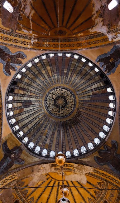Captivating view of the intricate dome design inside Hagia Sophia, İstanbul, showcasing historical architecture.